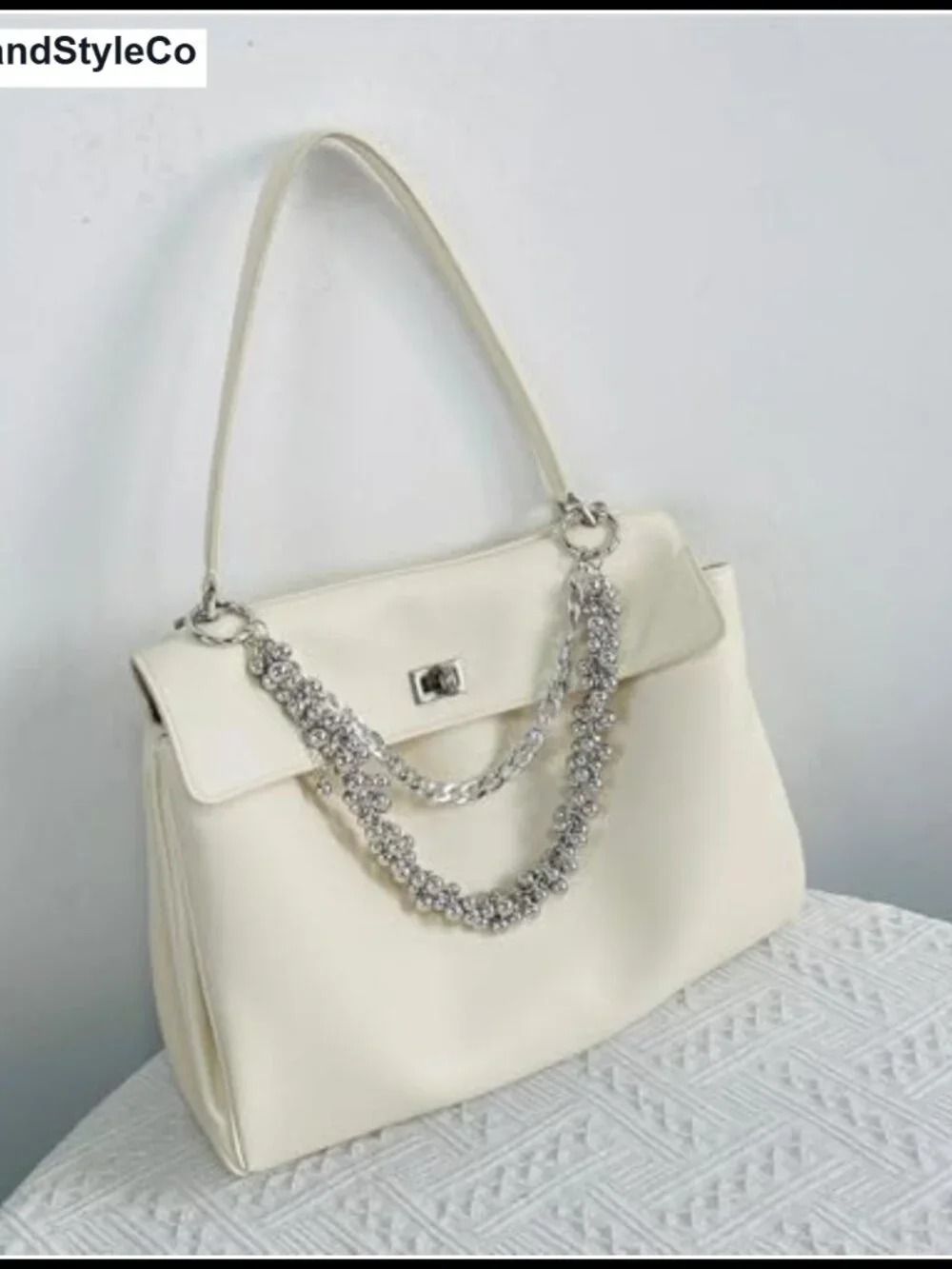Silver Beaded Double-Layer Chain Bag Charm Keychain for Tote Handbag